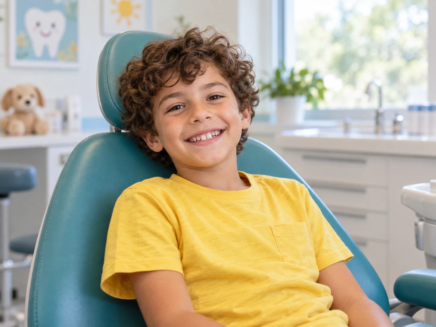 A smiling child sitting comfortably in a dental chair